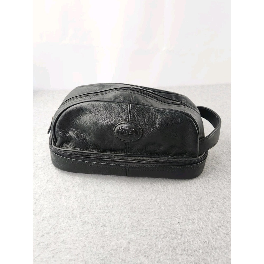 Fossil Men's Black Leather Dopp Kit Toiletry Shaving Travel Bag Organizer Case